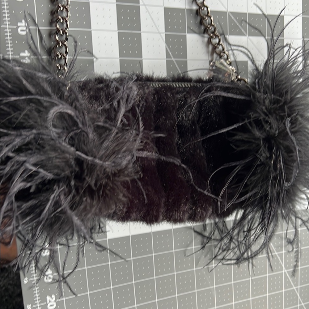 Black Feathered Clutch with Chain Strap